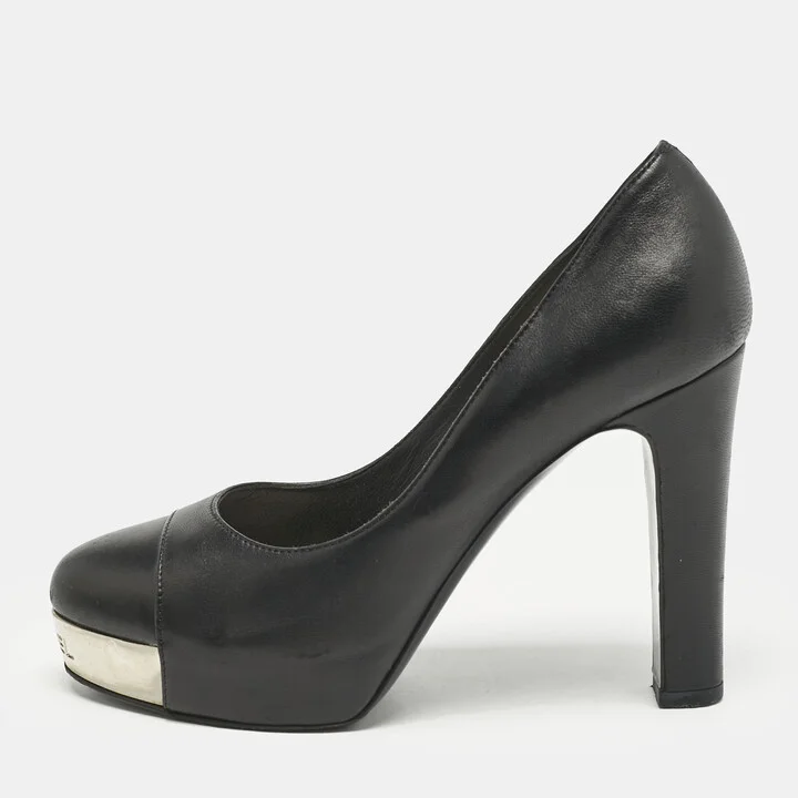 Chanel Black Leather CC Cap Toe Platform Pumps Size 37