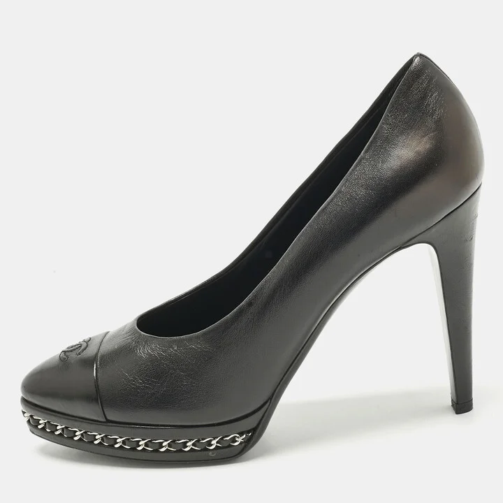 Chanel Black Leather CC Cap Toe Platform Pumps Size 40