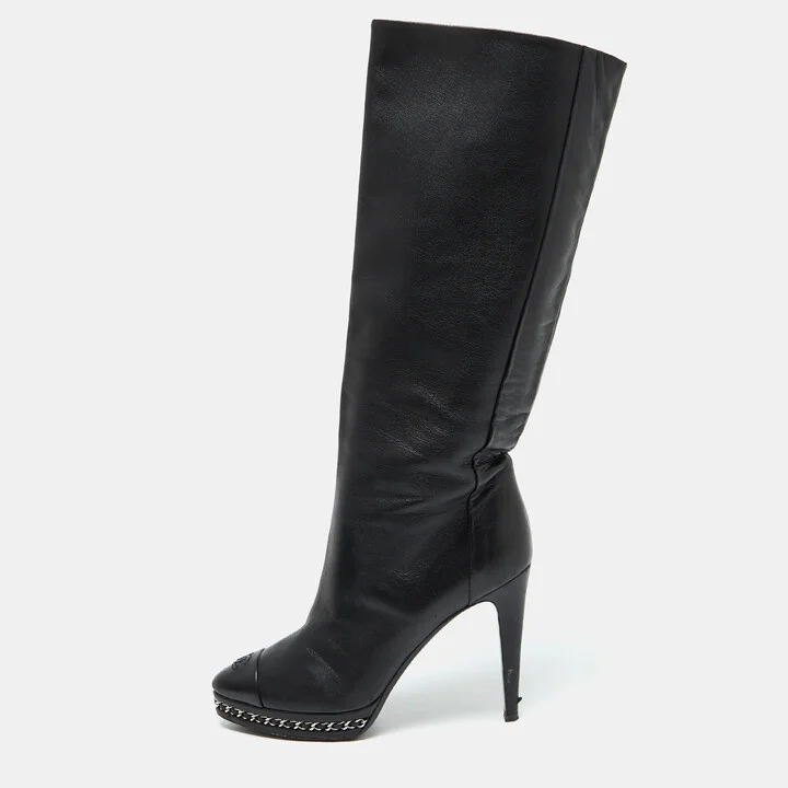 Chanel Black Leather CC Chain Link Platform Knee Length Boots Size 39