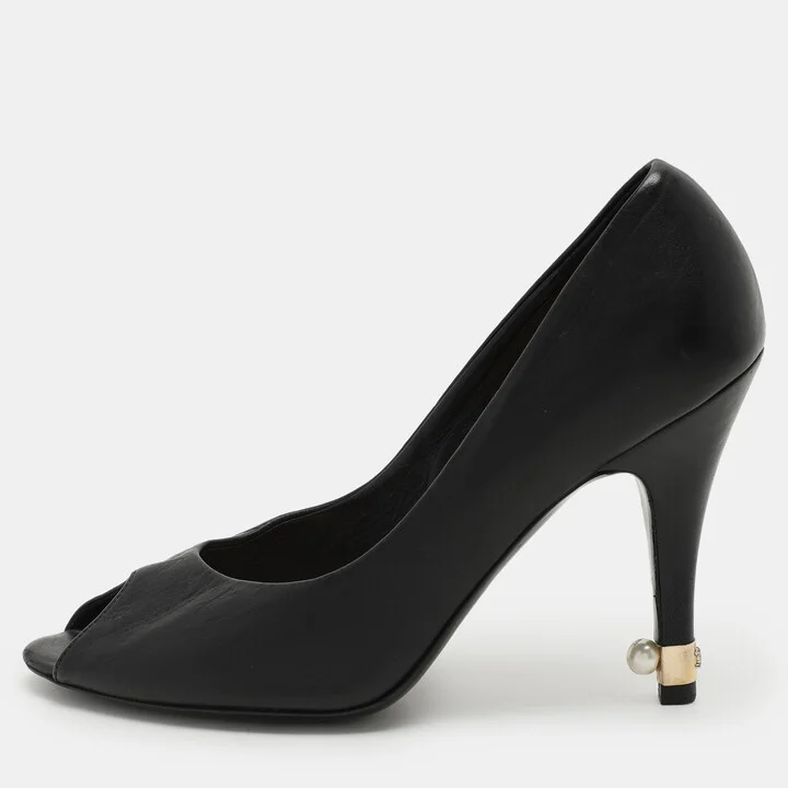 Chanel Black Leather CC Embellished Peep Toe Pumps Size 36