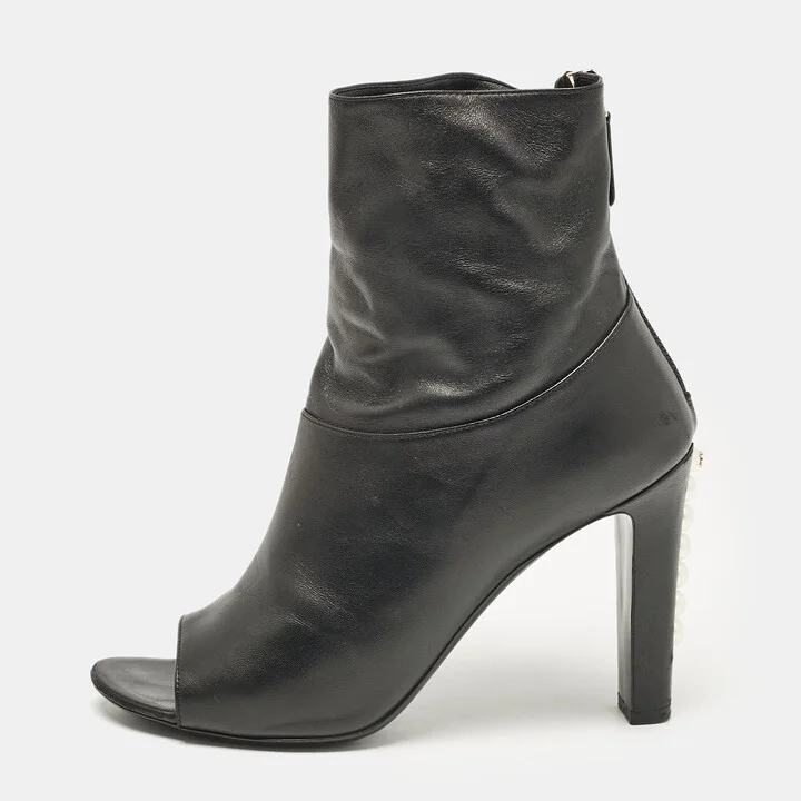 Chanel Black Leather CC Open Toe Ankle Length Boots Size 36.5