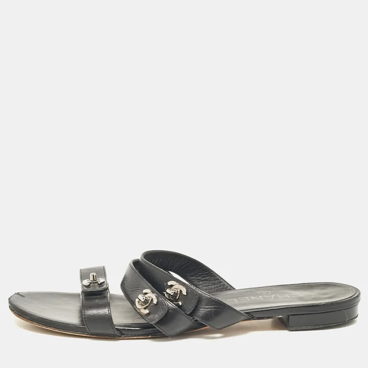 Chanel Black Leather CC Turnlock Triple Strap Flat Slides Size 40