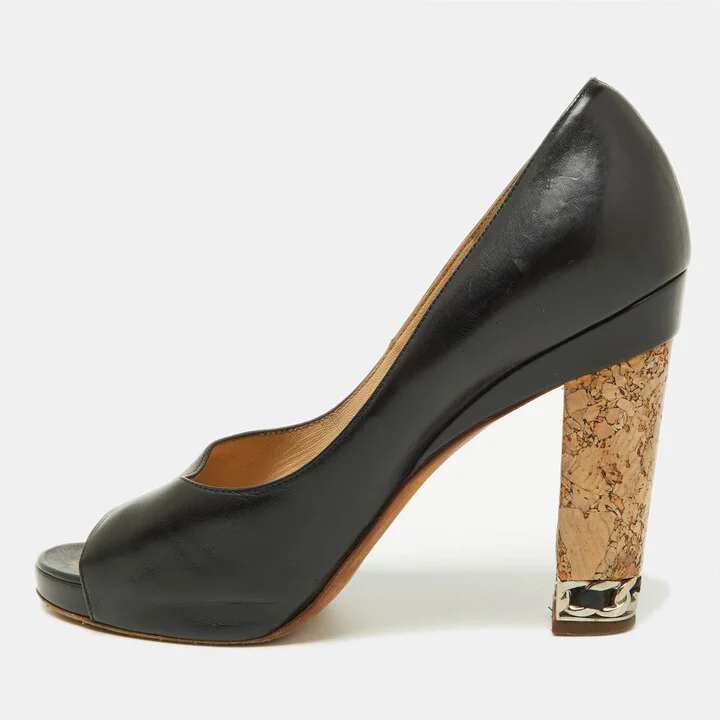 Chanel Black Leather Chain Link Cork Heel Open Toe Pumps Size 38.5