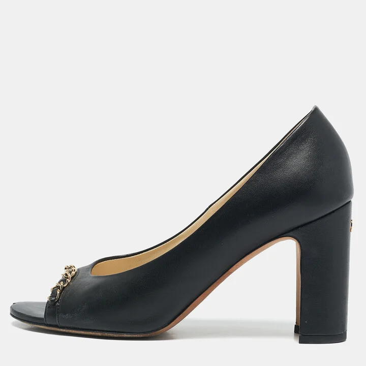 Chanel Black Leather Chain Trim Peep Toe Block Heel Pumps Size 37