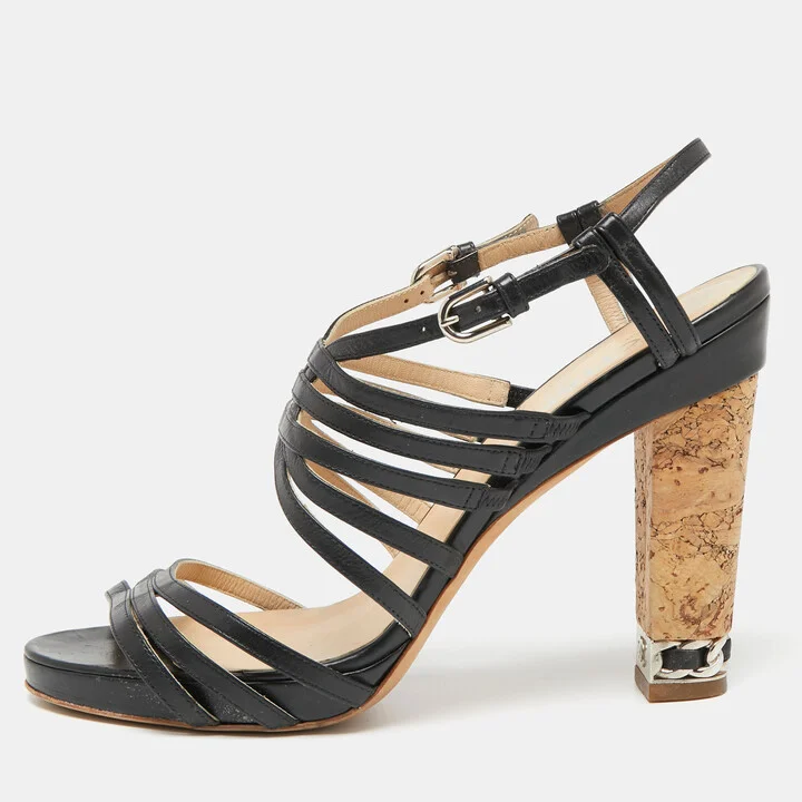Chanel Black Leather Cork Heel Strappy Sandals Size 40.5