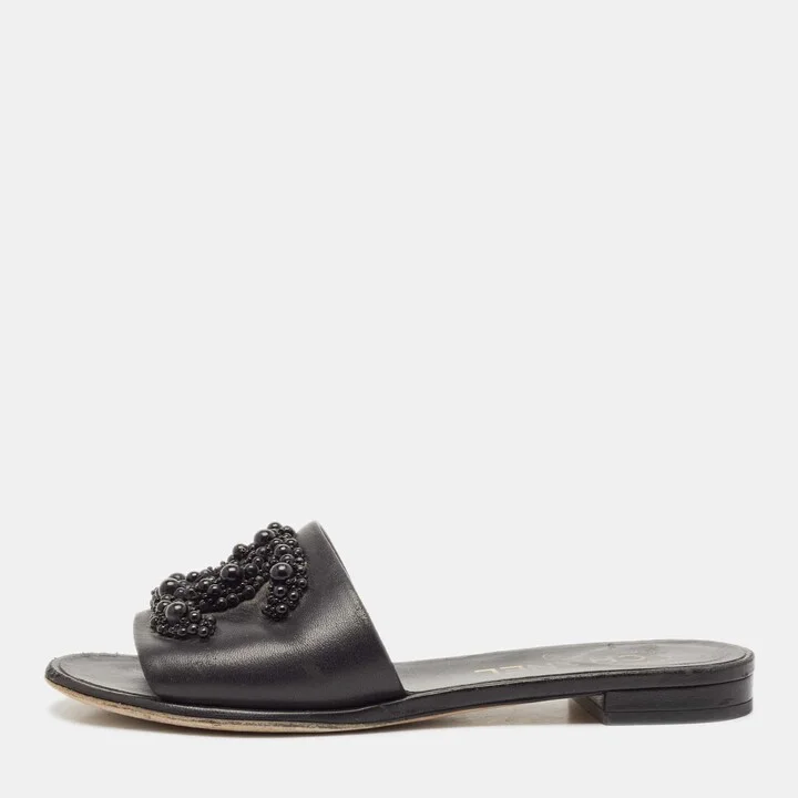 Chanel Black Leather Embellished CC Flat Slides Size 35.5