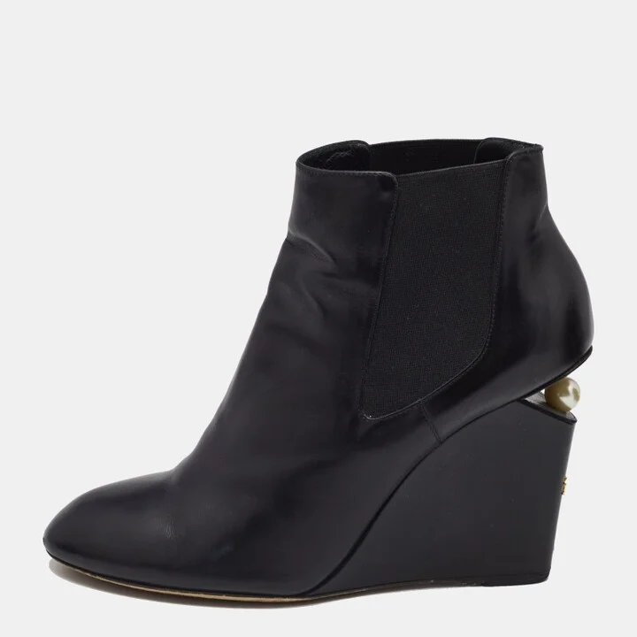 Chanel Black Leather Pearl Embellished CC Wedge Booties Size 40