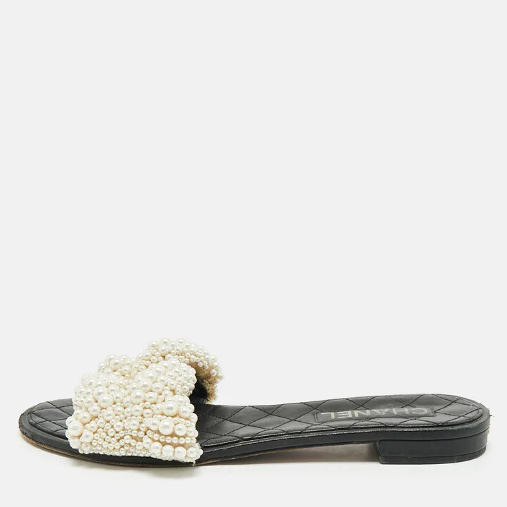Chanel Black Leather Pearl Embellished Flat Slides Size 40