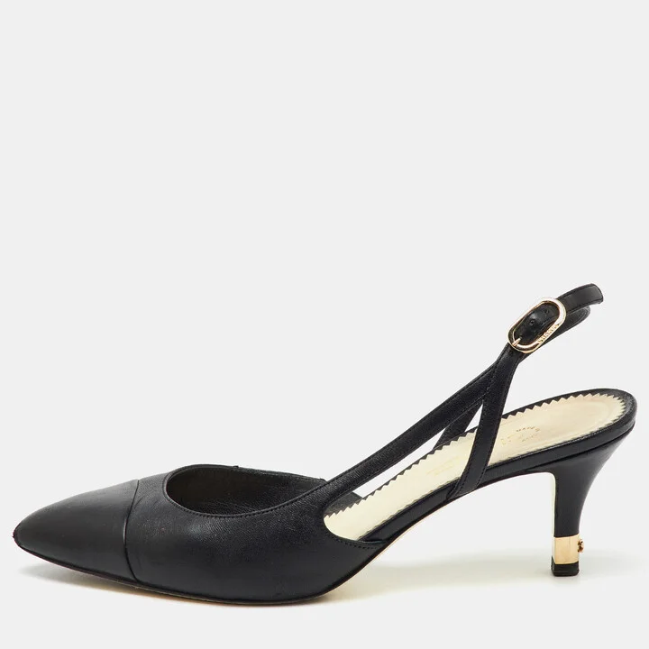 Chanel Black Leather Pointed Toe CC Heel Slingback Pumps Size 37