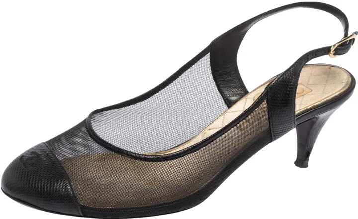 Chanel Black Mesh And and Lizard CC Cap Toe Slingback Sandals Size 36.5