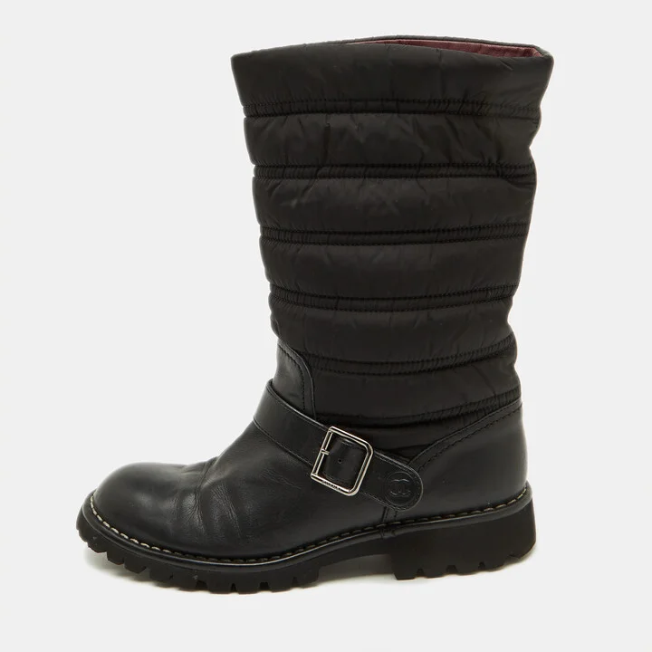 Chanel Black Nylon and Leather CC Logo Moto Calf Length Boots Size 39