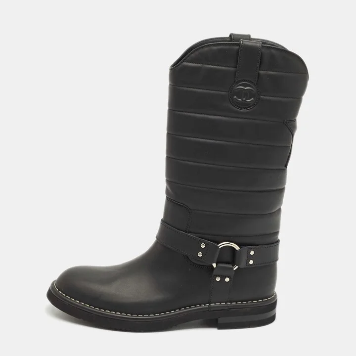 Chanel Black Nylon and Leather CC Logo Star Biker Boots Size 40