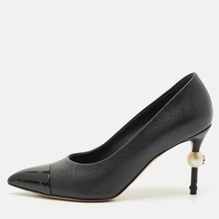 Chanel Black Patent and Leather Cap Toe Pearl Pumps Size 36.5