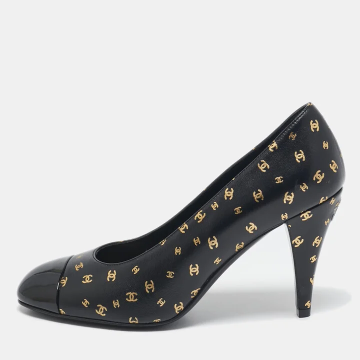 Chanel Black Patent and Leather CC Cap Toe Pumps Size 37.5