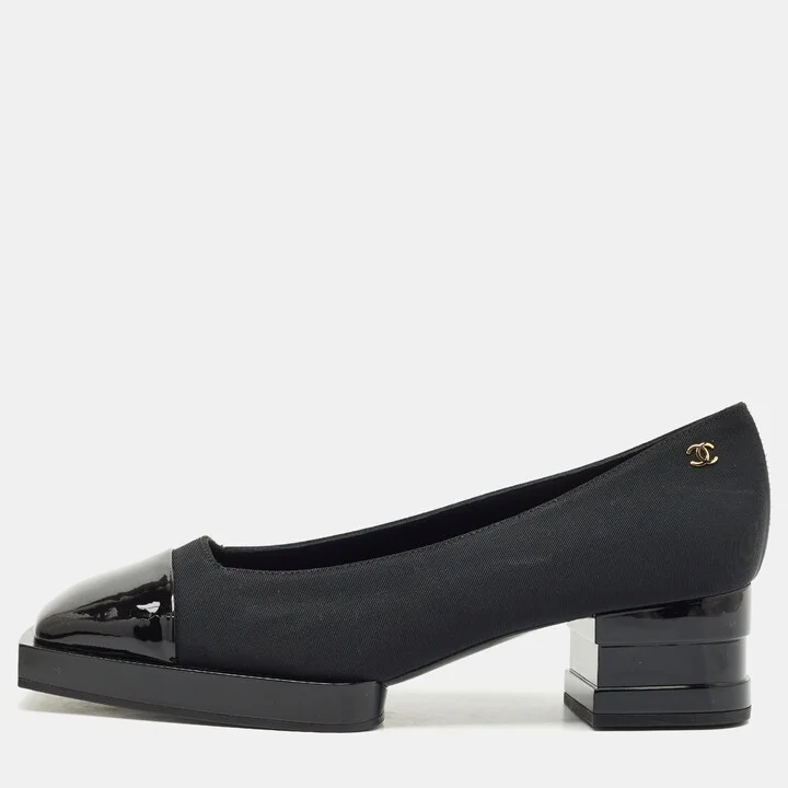 Chanel Black Patent Leather and Canvas Square Cap Toe CC Block Heel Pumps Size 38