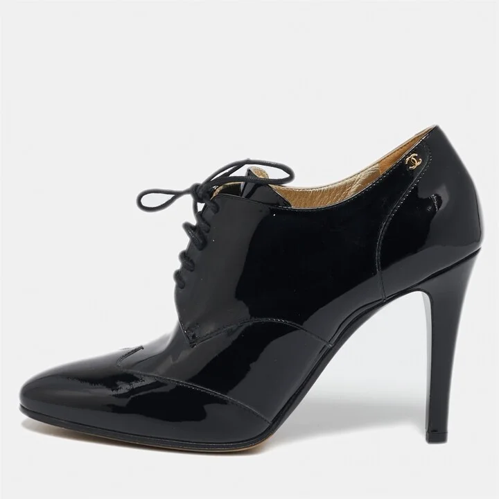Chanel Black Patent Leather CC Booties Size 39