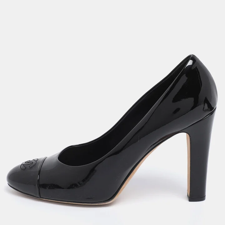 Chanel Black Patent Leather CC Cap Toe Pumps Size 42