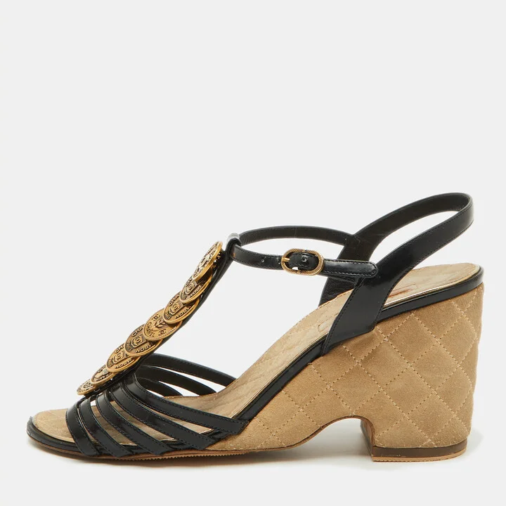 Chanel Black Patent Leather CC Coin T-Strap Wedge Sandals Size 39