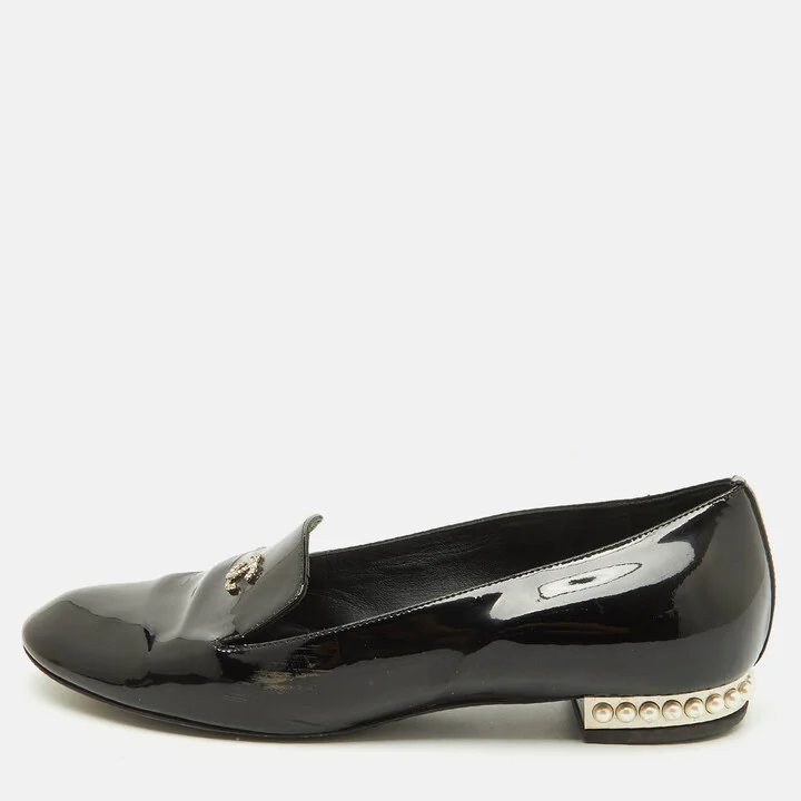 Chanel Black Patent Leather CC Faux Pearl Smoking Slippers Size 36.5