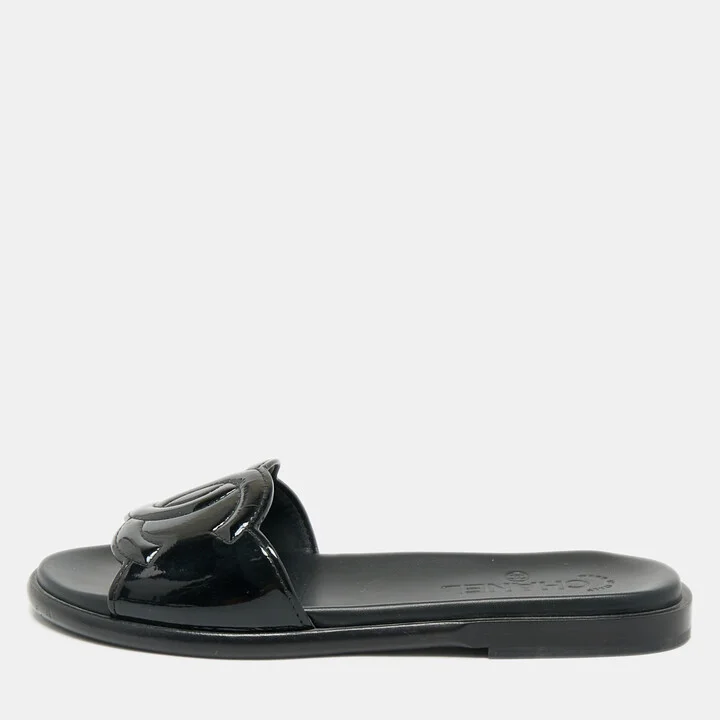 Chanel Black Patent Leather CC Flat Slides Size 38.5
