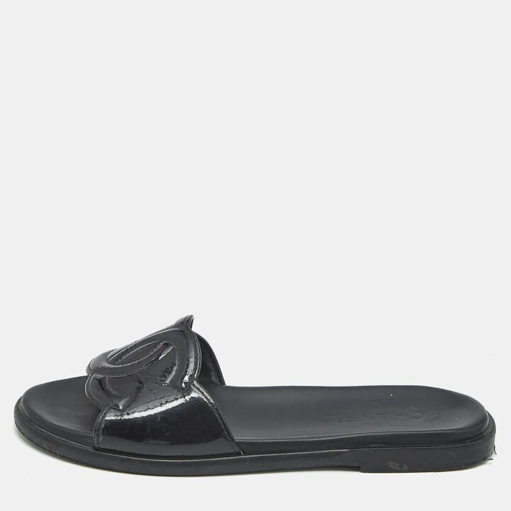 Chanel Black Patent Leather CC Flat Slides Size 40