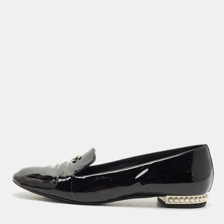 Chanel Black Patent Leather CC Pearl Embellished Ballet Flats Size 39