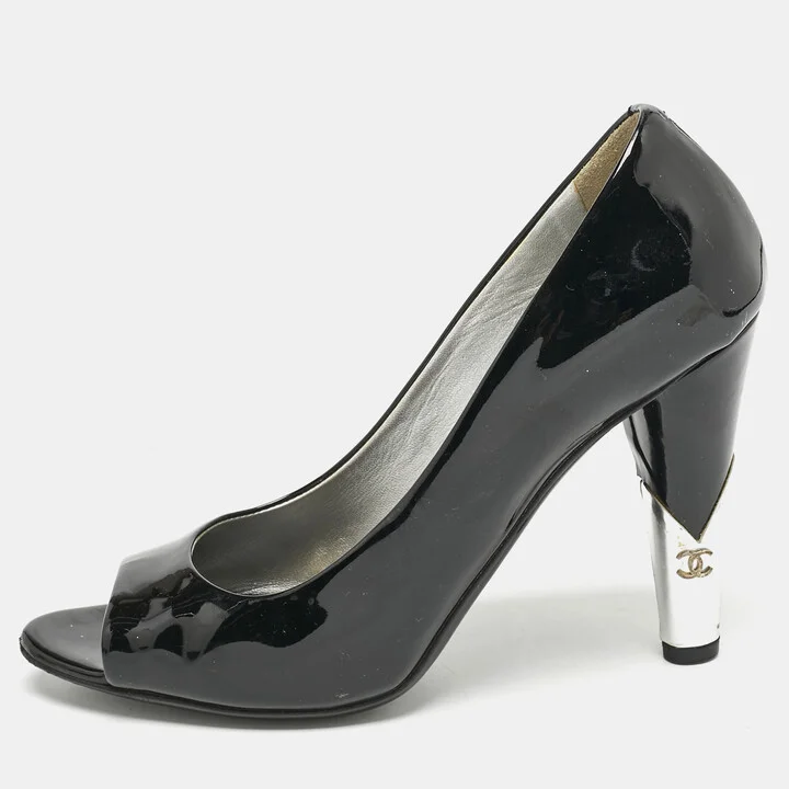 Chanel Black Patent Leather CC Pearl Embellished Peep Toe Pumps Size 38.5