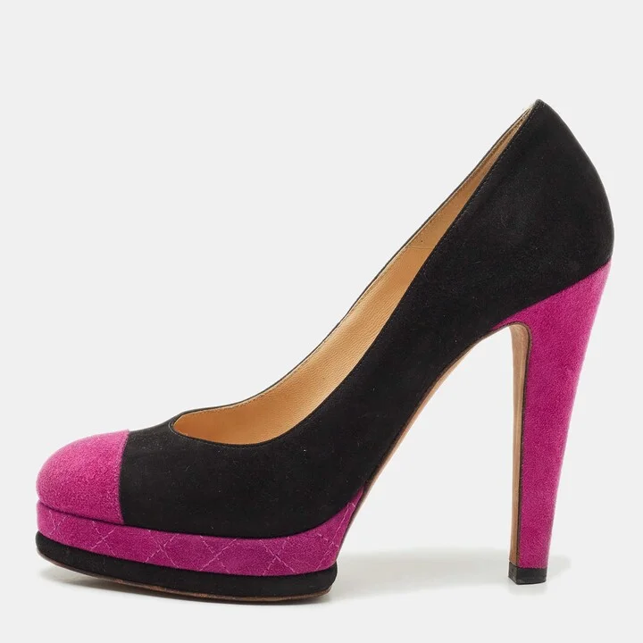 Chanel Black/Pink Suede CC Cap Toe Platform Pumps Size 38.5