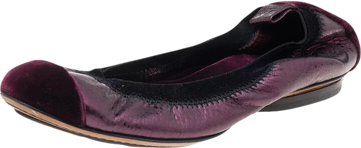 Chanel Black/Purple Velvet and Leather Scrunch CC Cap Toe Ballet Flats Size 34.5