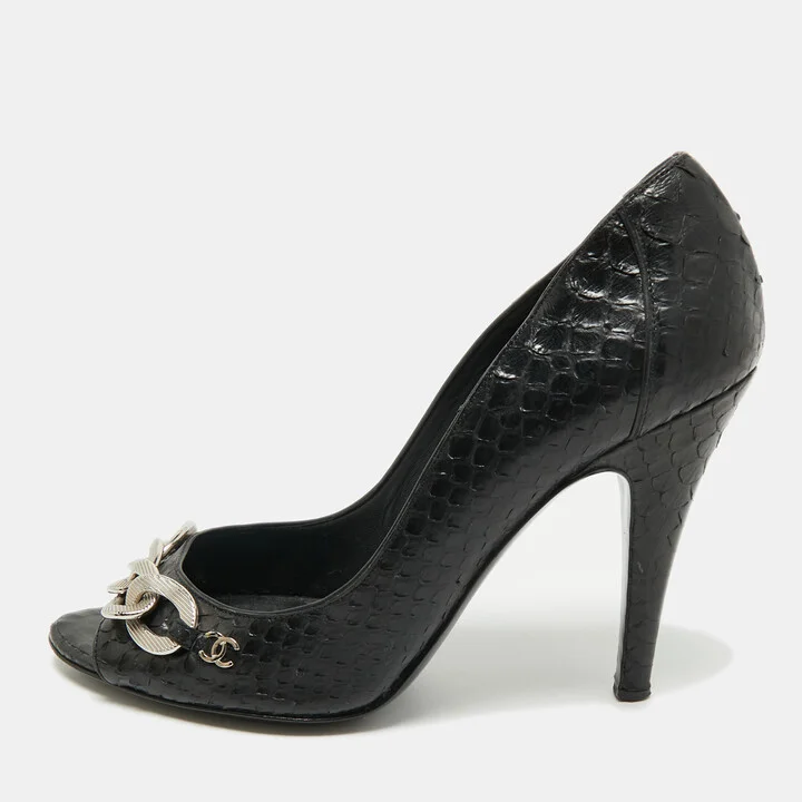 Chanel Black Python CC Chain Link Detail Open Toe Pumps Size 38