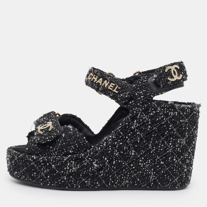 Chanel Black Quilted Tweed CC Platform Wedge Sandals Size 37