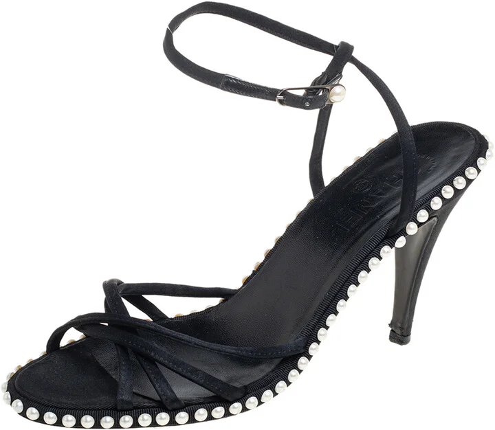 Chanel Black Satin Pearl Embellished Ankle Wrap Sandals Size 39.5