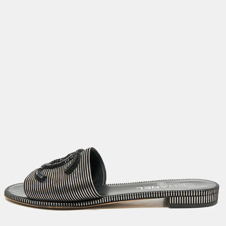 Chanel Black/Silver Leather and Suede CC Flat Slides Size 38.5