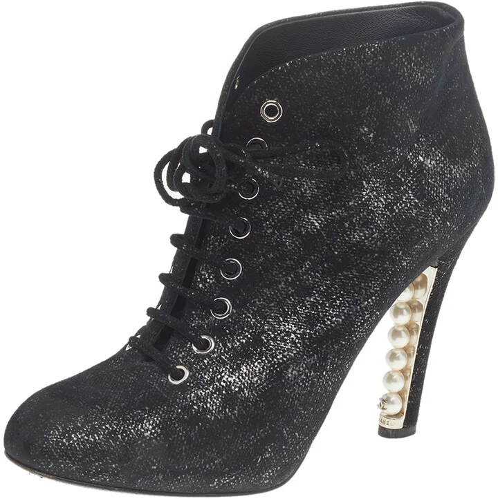 Chanel Black/Silver Suede Pearl Heel Lace Up Ankle Boots Size 38