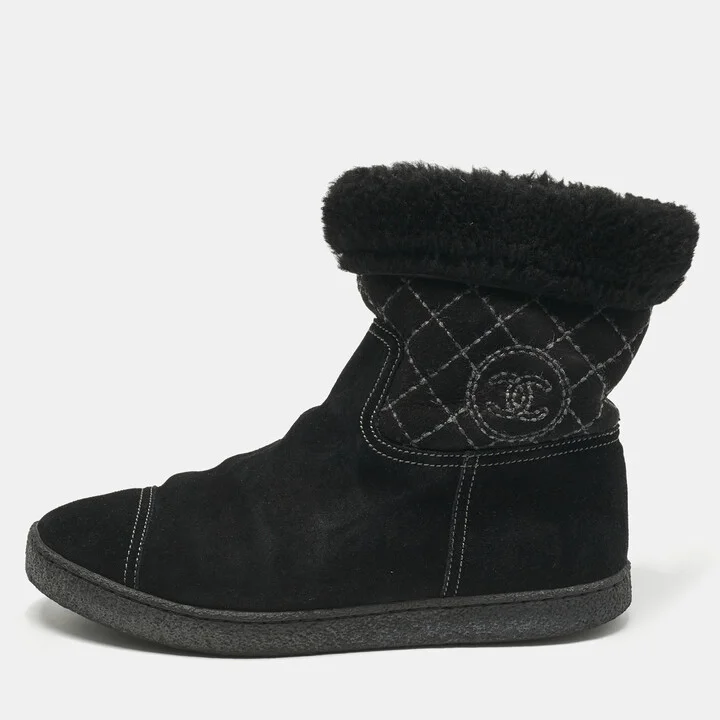 Chanel Black Suede And Fur Chain Detail Ankle Boots Size 38