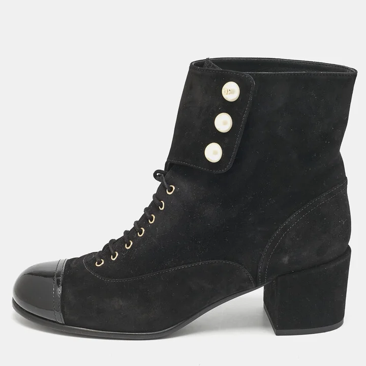 Chanel Black Suede and Patent Leather Cap Toe CC Pearl Ankle Boots Size 40