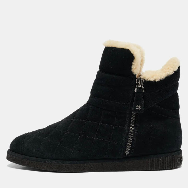 Chanel Black Suede and Shearling Ankle Boots Size 38