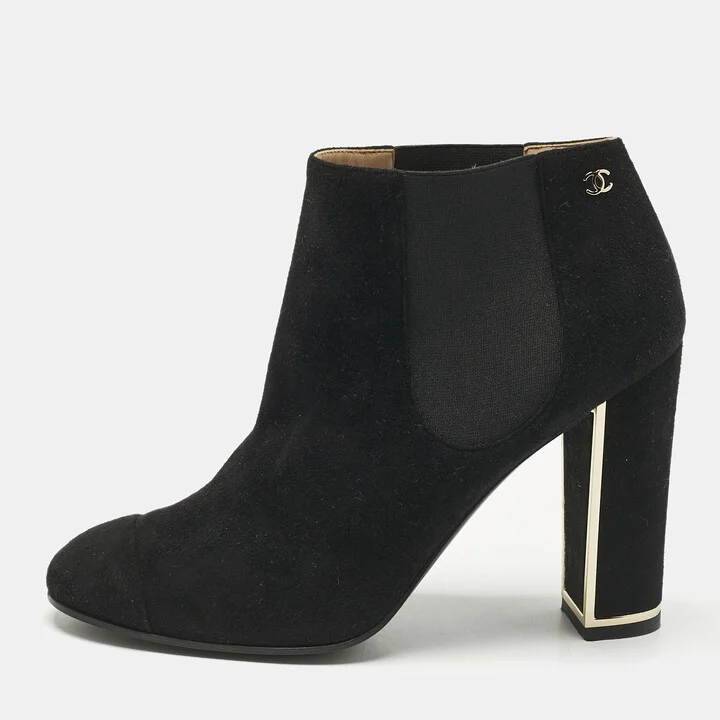 Chanel Black Suede Cap Toe Ankle Length Boots Size 40.5