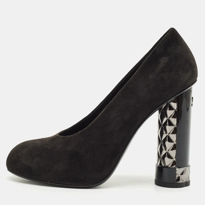 Chanel Black Suede CC Block Heel Platform Pumps Size 36