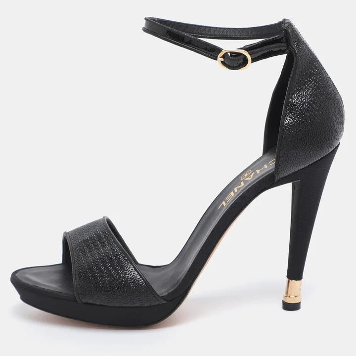 Chanel Black Textured Patent Leather CC Heel Ankle Strap Sandals Size 41.5