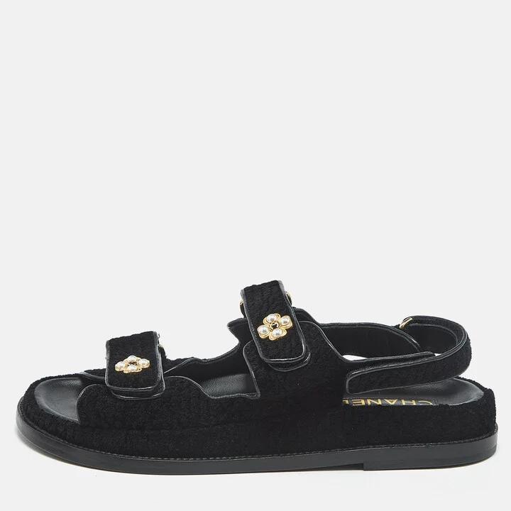 Chanel Black Tweed Dad Slingack Flat Sandals Size 39