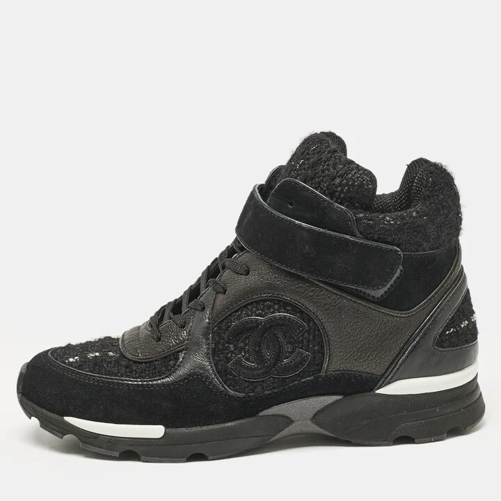 Chanel Black Tweed Suede and Leather CC High Top Sneakers Size 38