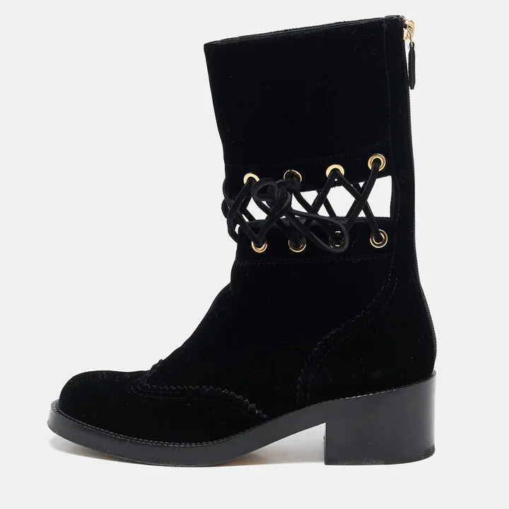 Chanel Black Velvet Lace Mid Calf Boots Size 38.5