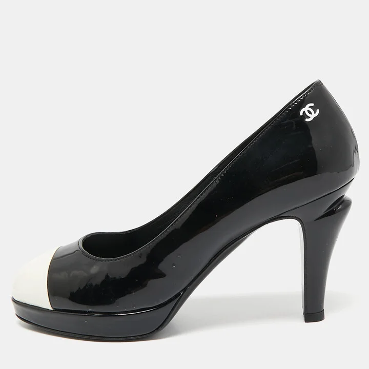 Chanel Black/White Patent Leather CC Cap Toe Platform Pumps Size 37