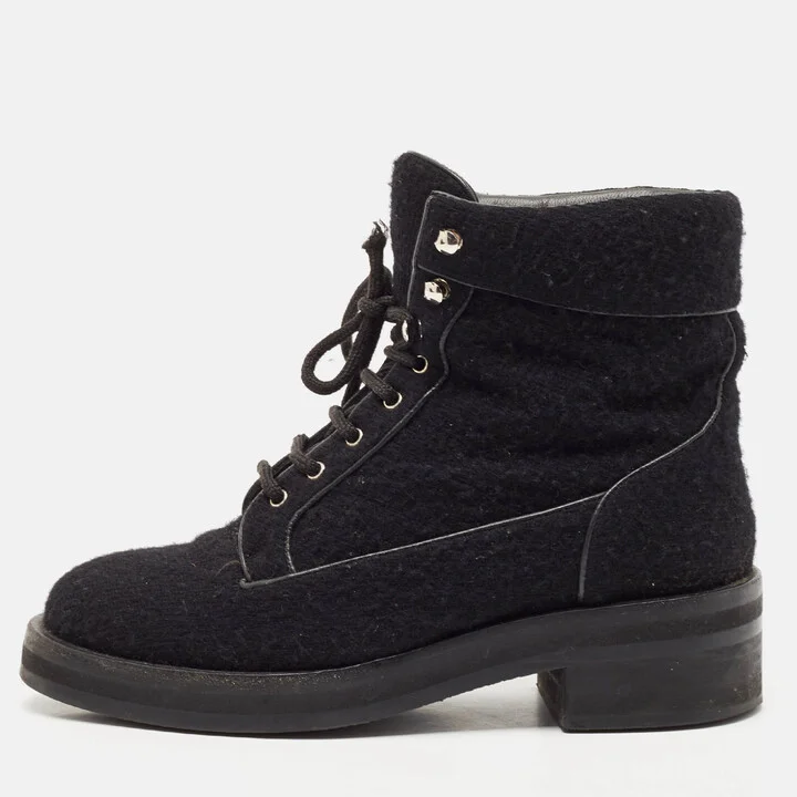 Chanel Black Wool CC Combat Boots Size 37