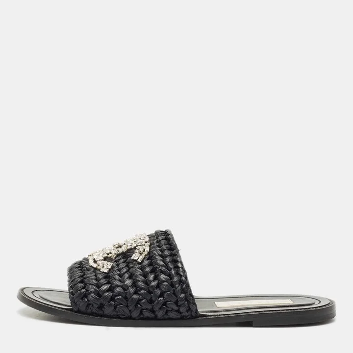 Chanel Black Woven Raffia CC Crystals Flat Slides Size 39.5