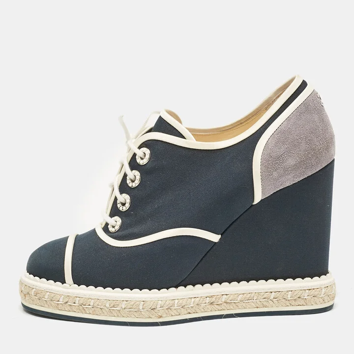 Chanel Blue/Grey Fabric and Suede Wedge Sneakers Size 37