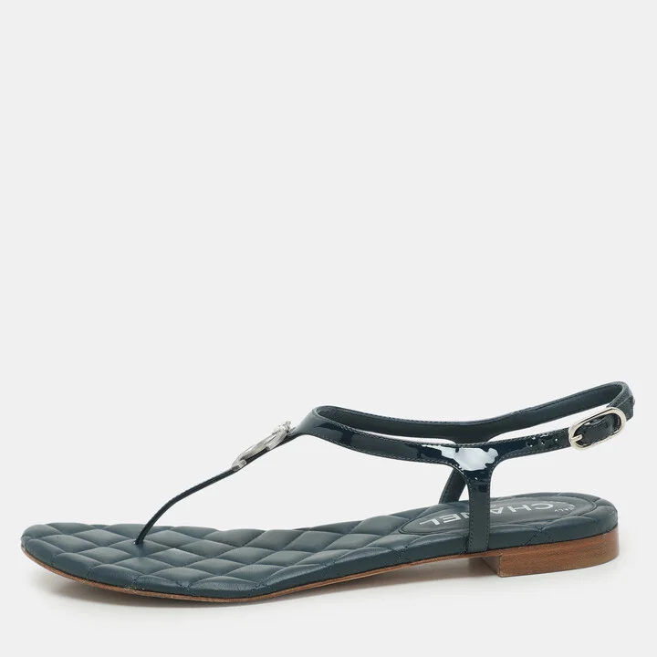 Chanel Blue Patent Leather Embellished CC Flat Sandals Size 37.5