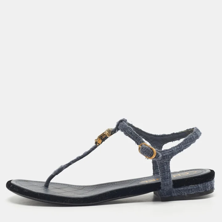 Chanel Blue Tweed and Velvet CC LogoT-Strap Flat Sandals Size 37