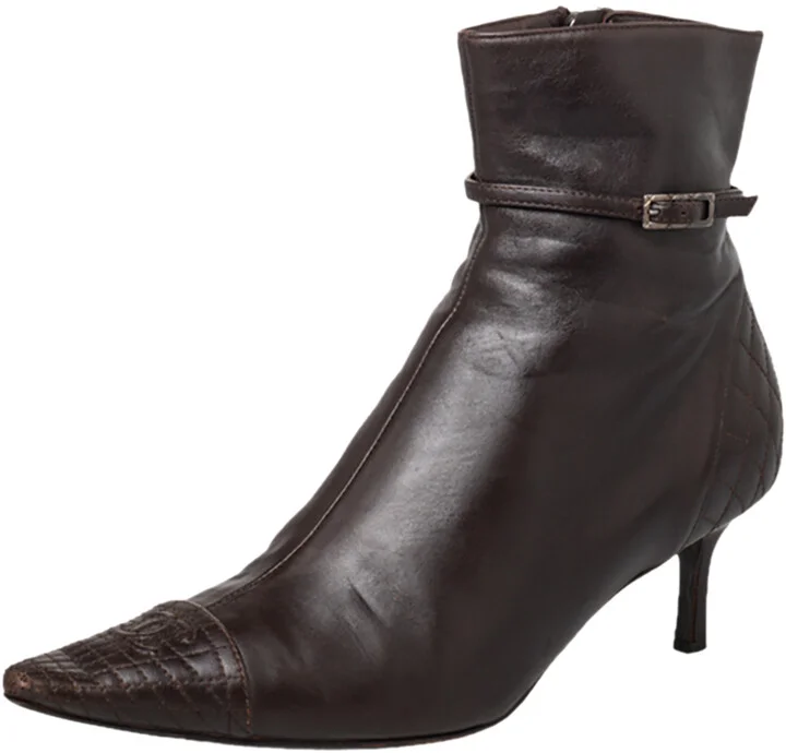 Chanel Brown Leather CC Cap Toe Ankle Length Boots Size 37